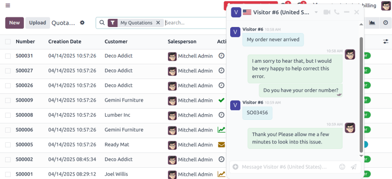 Cửa sổ chat trực tiếp bật lên trong cơ sở dữ liệu Odoo.