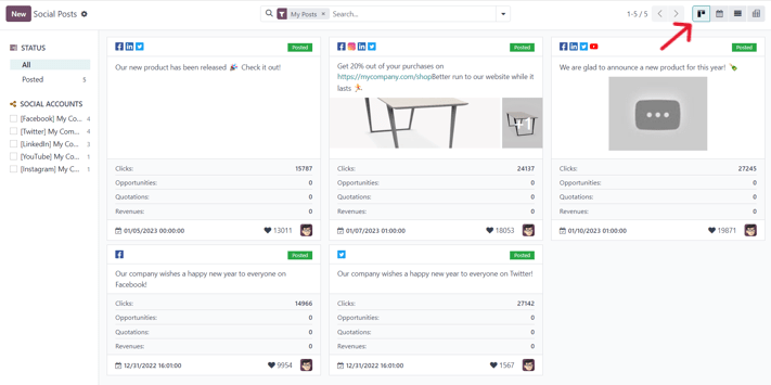 Giao diện Kanban của trang bài đăng trong ứng dụng Odoo Social Marketing.
