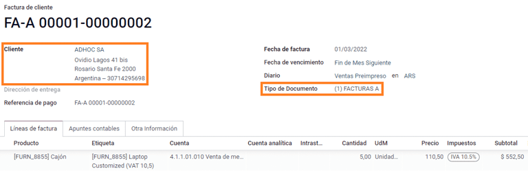 Hóa đơn cho khách hàng IVA Responsable Inscripto, tiền tố A