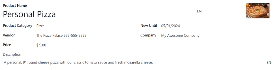 Mẫu sản phẩm đã được điền cho một chiếc pizza chín inch.