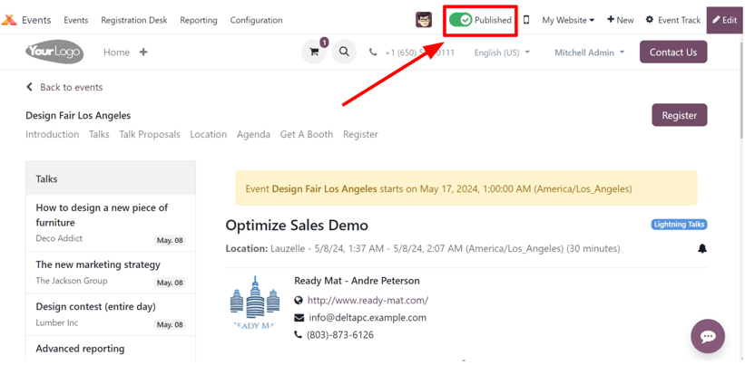 Các tùy chọn menu con liên quan đến track trên trang web sự kiện được xây dựng bằng Odoo Events