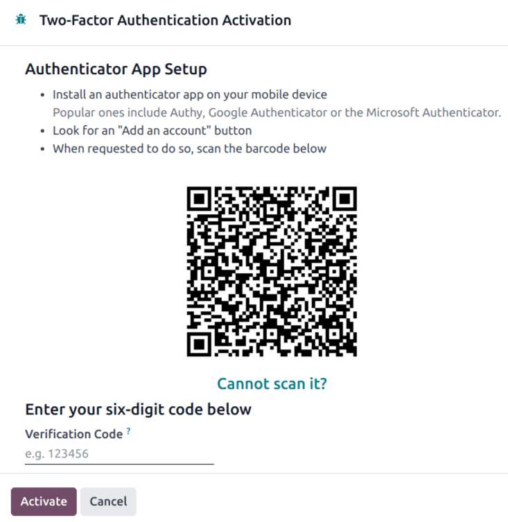 Mã QR xác thực 2fa trong Odoo.