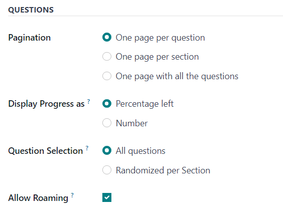 Phần Câu hỏi của tab Tùy chọn trên mẫu khảo sát trong Odoo Surveys