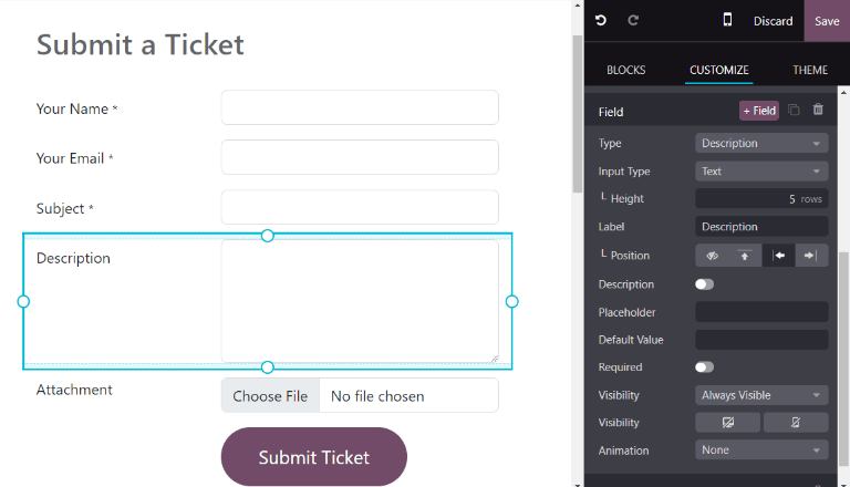 Xem biểu mẫu trang web chưa công bố để gửi phiếu yêu cầu cho Odoo Helpdesk.