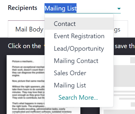 Xem menu thả xuống người nhận trong ứng dụng Email Marketing của Odoo