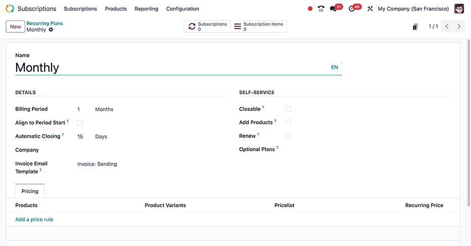 Biểu mẫu kế hoạch định kỳ trống trong ứng dụng Odoo Subscriptions