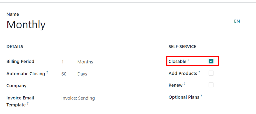 Tùy chọn Closable trên biểu mẫu kế hoạch định kỳ trong Odoo Subscriptions.