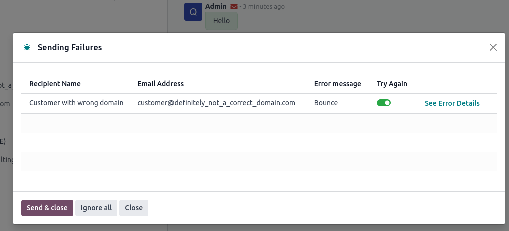 Một email gửi đến domain sai sẽ tạo ra một bounce được hiển thị dưới dạng phong bì đỏ.
