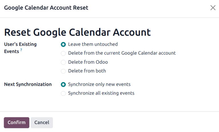 Các tùy chọn đặt lại Google calendar trong Odoo