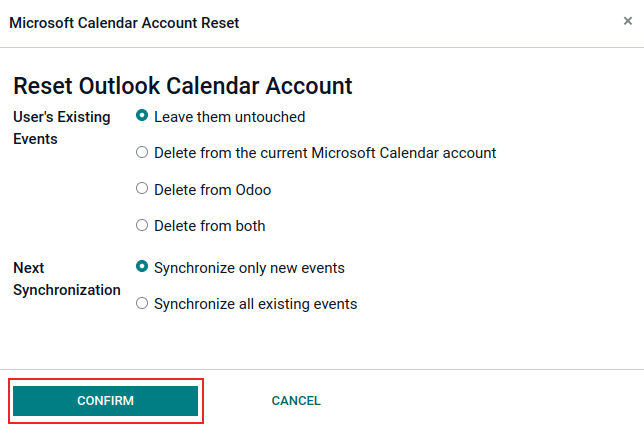 Các tùy chọn đặt lại lịch Outlook trong Odoo