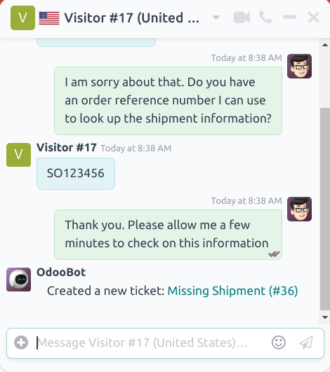 Giao diện cửa sổ trò chuyện có phiếu hỗ trợ được tạo trong Odoo Live Chat.