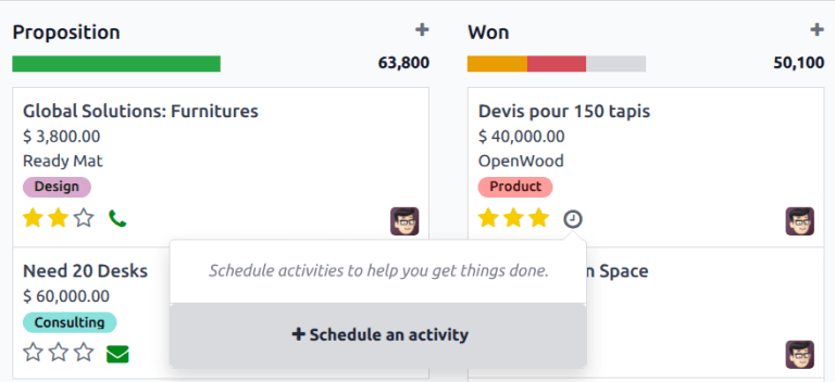 Chế độ xem kanban của chu trình CRM và tùy chọn lên lịch hoạt động.