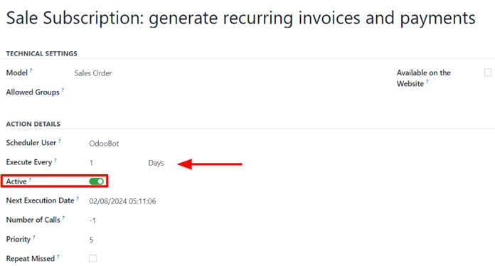 Biểu mẫu hành động lập lịch trong ứng dụng Cài đặt của Odoo.