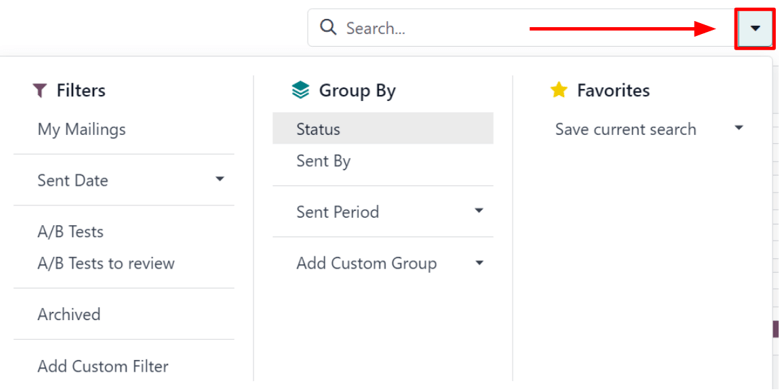Menu thả xuống mega của các tùy chọn tìm kiếm của ứng dụng Odoo Email Marketing