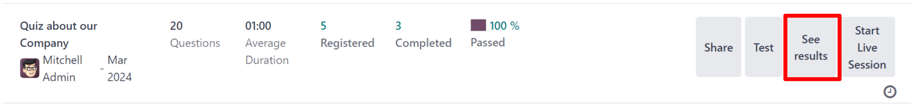 Nút 'See Results' xuất hiện trên bảng điều khiển chính của ứng dụng Odoo Surveys.