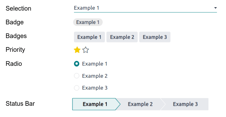 Các ví dụ về trường Selection với các widget khác nhau