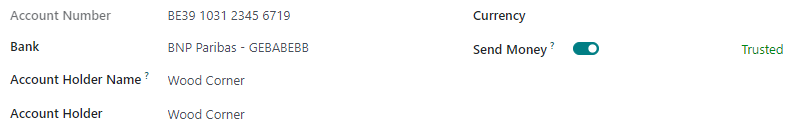 Ví dụ về tài khoản ngân hàng của nhà cung cấp với nút chuyển đổi "Send Money" được chuyển sang "trusted".