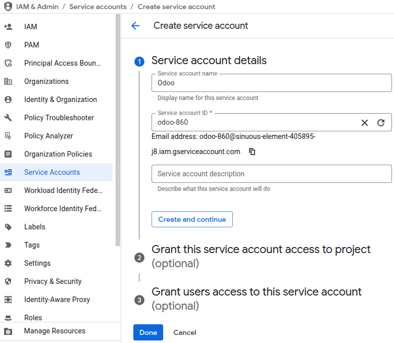 Tạo tài khoản dịch vụ Google Cloud