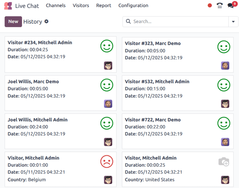 Ví dụ về báo cáo Lịch sử Phiên từ ứng dụng Live Chat.