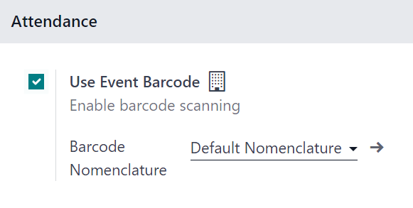 Phần Điểm danh trong trang Cài đặt Sự kiện Odoo trong ứng dụng Odoo Events.