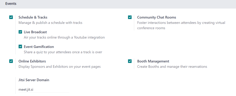 Phần Events trên trang cài đặt Odoo Events trong ứng dụng Odoo Events
