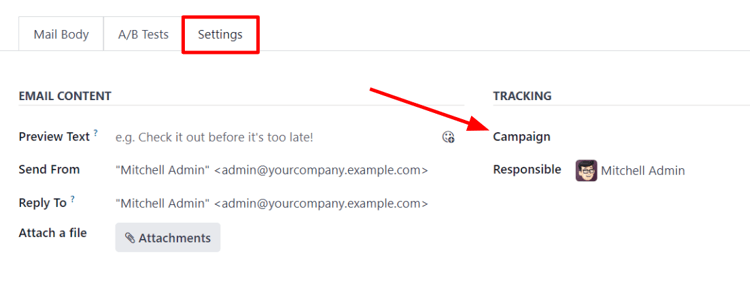 Xem tab Cài đặt trong Email Marketing của Odoo khi cài đặt chiến dịch được kích hoạt