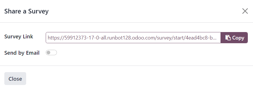 Cửa sổ pop-up 'Share a Survey' xuất hiện trong ứng dụng Odoo Surveys.