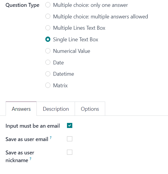 Tab câu trả lời cho loại câu hỏi Hộp văn bản một dòng trong Odoo Surveys