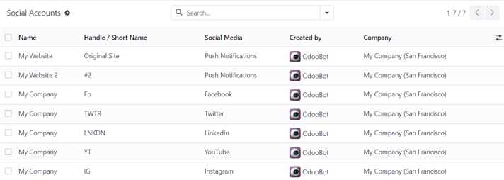 Xem trang tài khoản xã hội trong ứng dụng Odoo Social Marketing.
