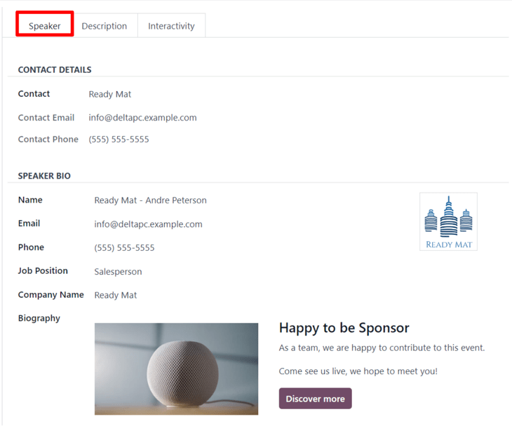 Tab Diễn giả trên biểu mẫu track sự kiện trong ứng dụng Odoo Events.