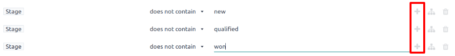 Ba quy tắc lọc yêu cầu Giai đoạn không chứa New, Qualified hoặc Won.