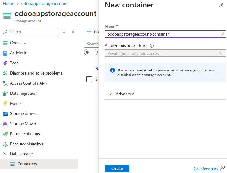 Tạo container lưu trữ Microsoft Azure