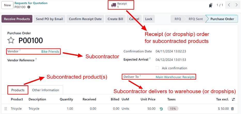 Một PO cho sản phẩm gia công cơ bản, với nút thông minh Receipt ở trên cùng của trang.