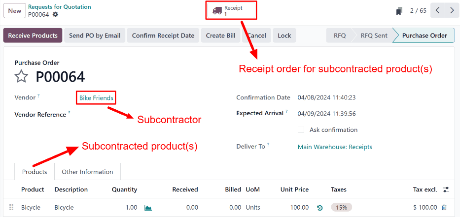 Đơn mua hàng của nhà thầu phụ cho sản phẩm *Dropship Subcontractor on Order*, với nút thông minh Biên nhận ở đầu trang.