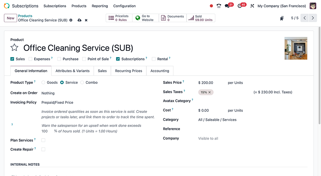 Mẫu sản phẩm đăng ký cơ bản trong Odoo Subscriptions.