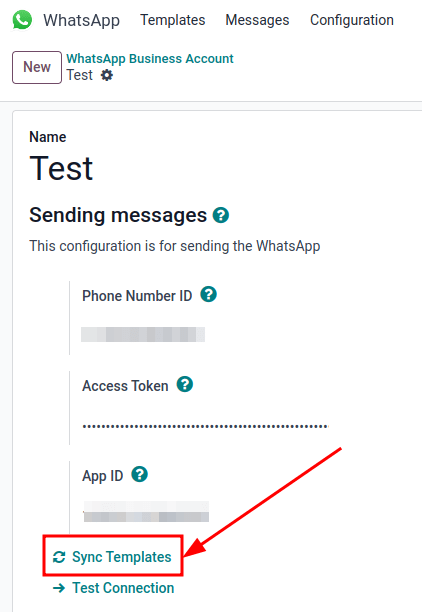 Đang đồng bộ mẫu Meta WhatsApp vào cơ sở dữ liệu Odoo, với nút 'Sync Templates' được làm nổi bật.