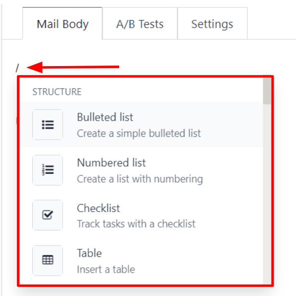 Giao diện của menu thả xuống trình soạn thảo văn bản phong phú trong ứng dụng Email Marketing của Odoo