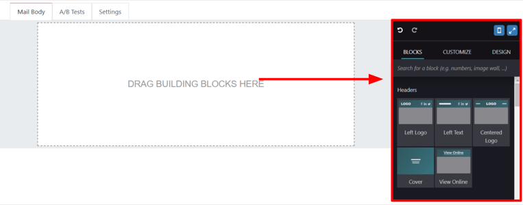 Xem các khối xây dựng trong tab Mail Body của ứng dụng Odoo Email Marketing