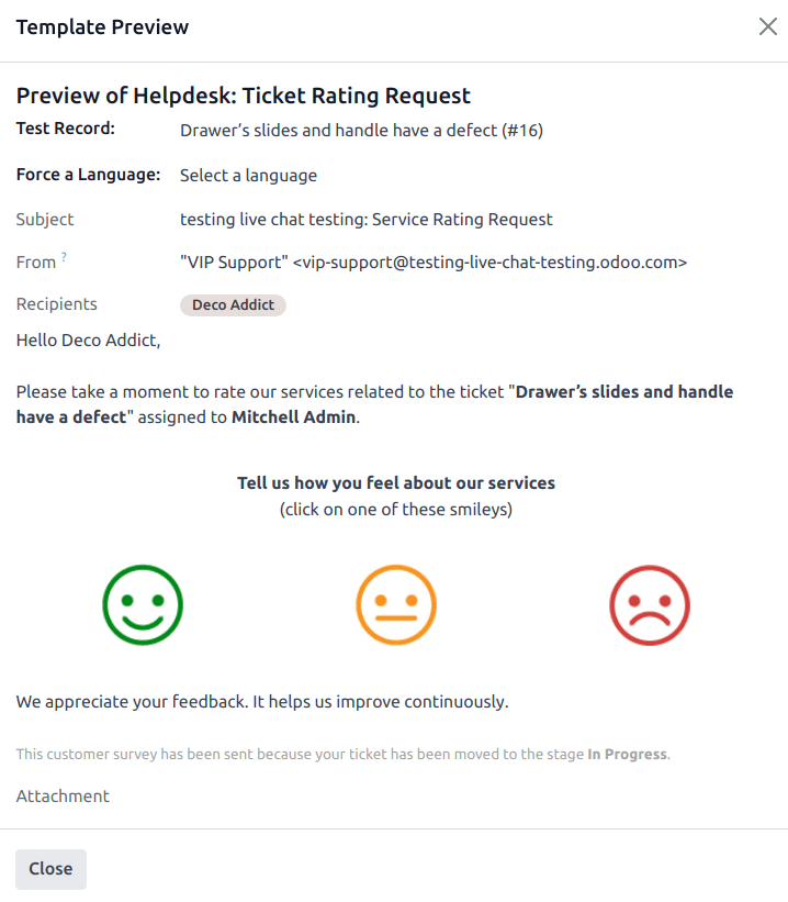 Xem trước mẫu yêu cầu đánh giá phiếu trong Helpdesk.