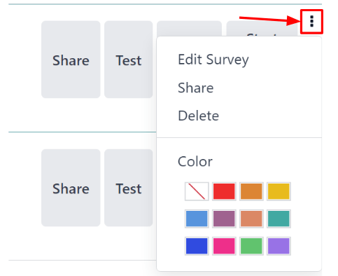 Menu ba chấm dạng thả xuống các tùy chọn xuất hiện trên bảng điều khiển Odoo Surveys