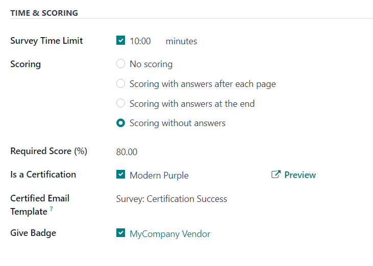 Phần Thời gian và Chấm điểm của tab Tùy chọn trên mẫu khảo sát trong Odoo Surveys.
