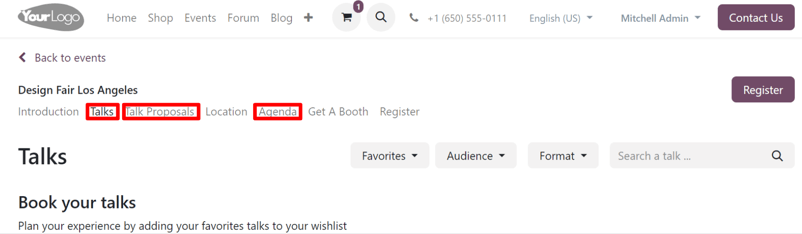 Các tùy chọn menu con liên quan đến track trên trang web sự kiện được xây dựng bằng Odoo Events