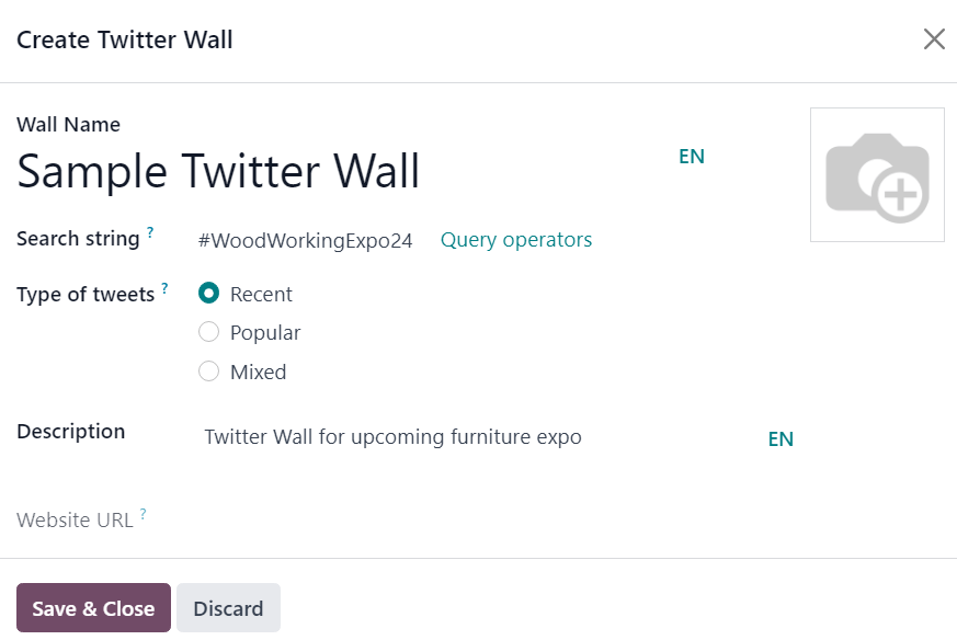 Cửa sổ pop-up Twitter Wall trong ứng dụng Sự kiện Odoo.