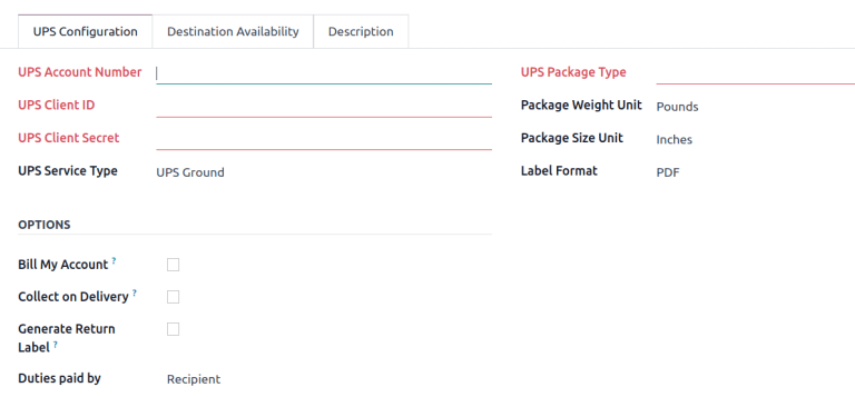 Hiển thị thẻ "UPS Configuration" trên biểu mẫu Phương thức giao hàng.