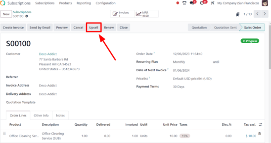 Nút Upsell cho các đơn bán hàng đăng ký với Odoo Subscriptions.