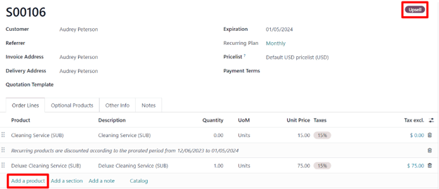 Thêm sản phẩm vào đăng ký của bạn qua tùy chọn upsell trong Odoo Subscriptions