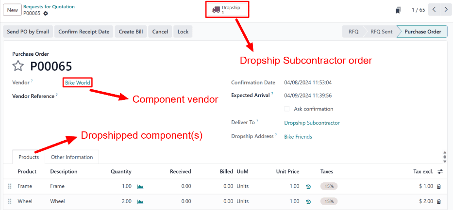 Đơn mua nhà cung cấp cho các thành phần của sản phẩm *Dropship Subcontractor on Order*, với nút thông minh Dropship ở đầu trang.