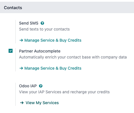 Ứng dụng Cài đặt hiển thị tiêu đề Odoo IAP và nút Xem dịch vụ của tôi.