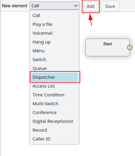 Trình chỉnh sửa trực quan cho kế hoạch quay số trong Axivox, với Thêm và phần tử dispatcher được làm nổi bật