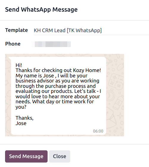 Cửa sổ bật lên gửi tin nhắn WhatsApp